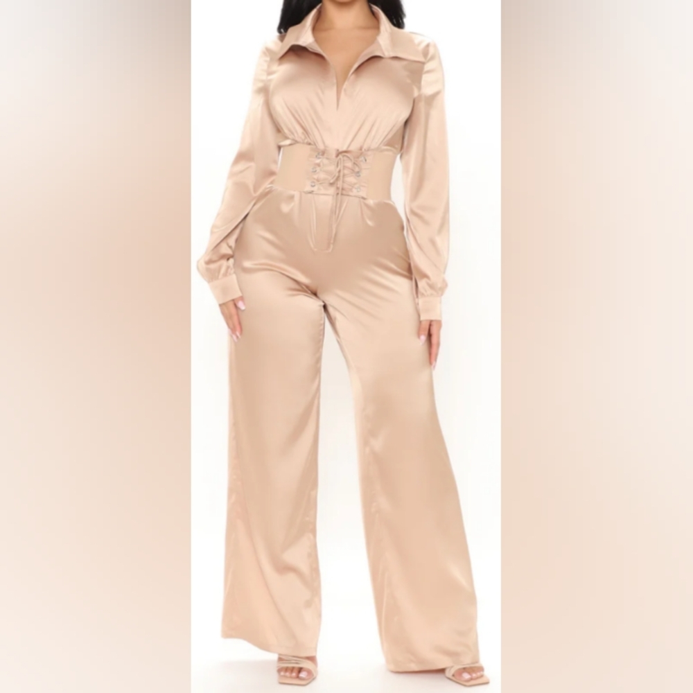Fashion Nova Women's Satin Jumpsuit - Nude Size XS